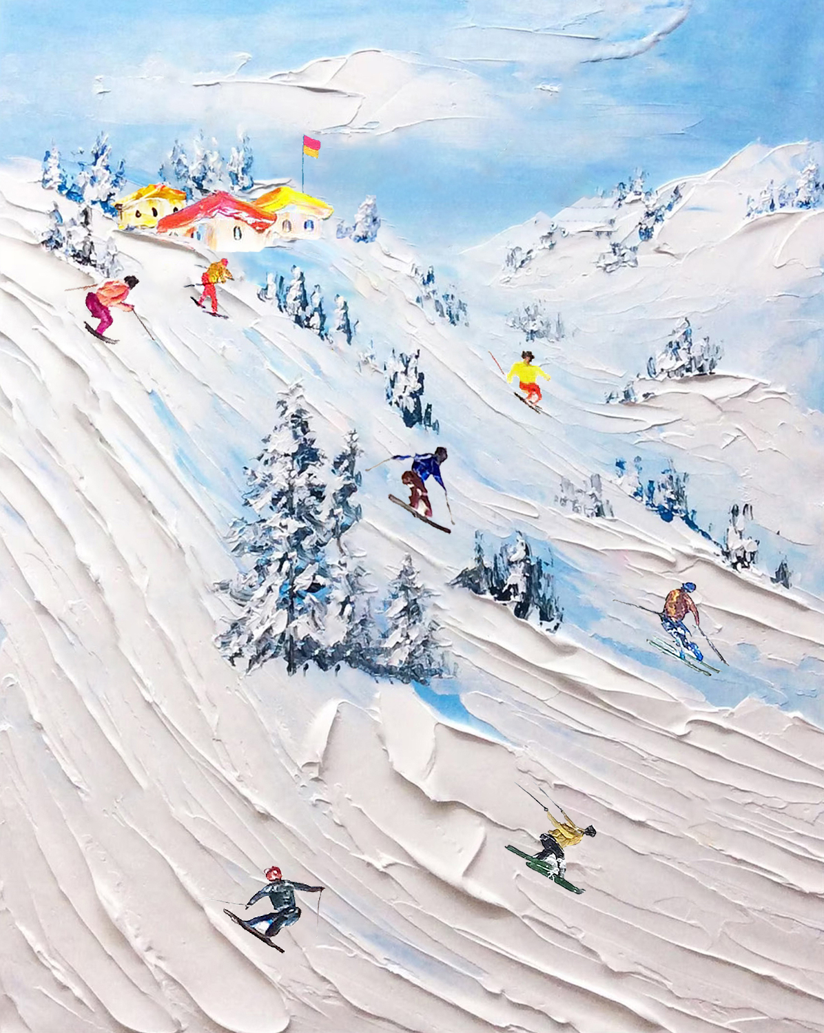 Skier on Snowy Mountain Wall Art Sport White Snow Skiing Cottage by Knife Oil Paintings